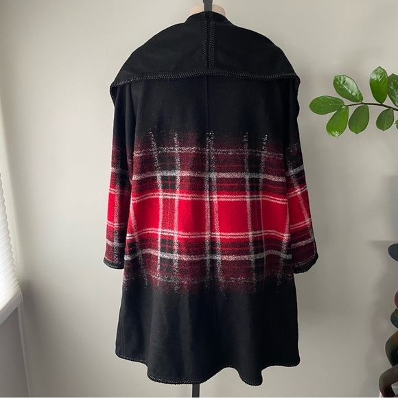 Simon Chang Wool Blend Open Shawl Cardigan Sweater Buffalo Plaid Oversized Small - Picture 2 of 10